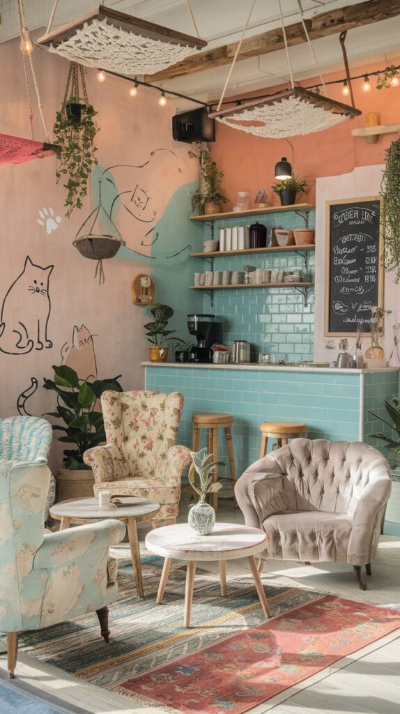 Whimsical café interior with cat hammocks and playful murals.