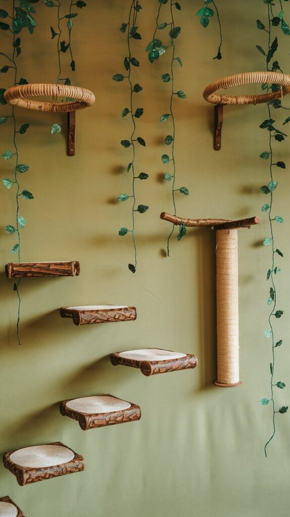 Wild and whimsical cat climbing wall with botanical accents, creating a natural and stylish feline playground.