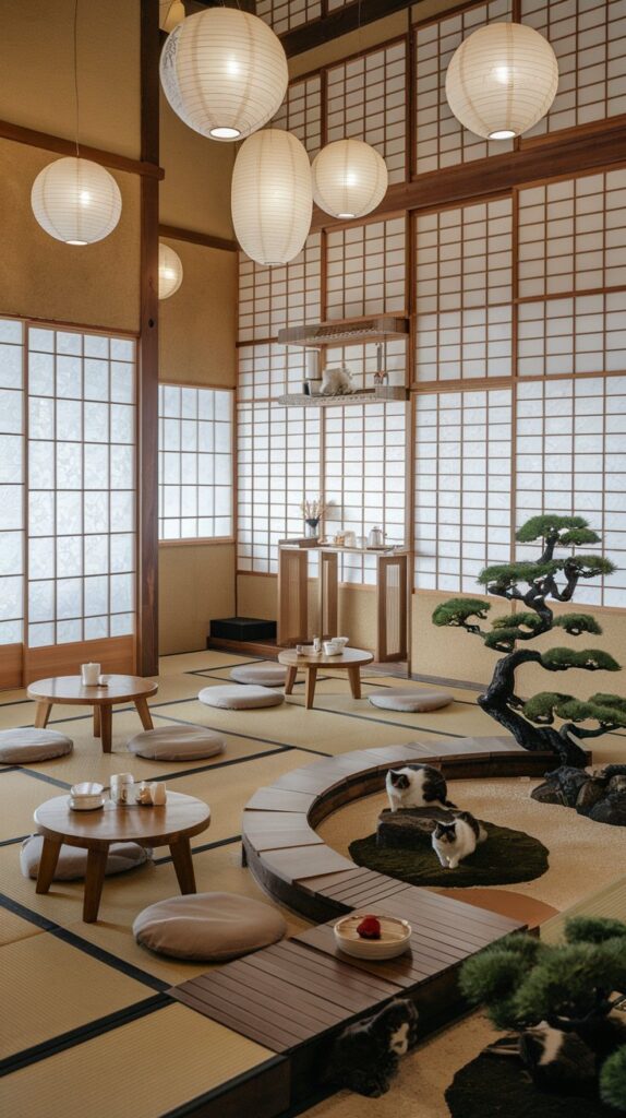 Zen-inspired coffee shop with tatami mats and cat walkways.