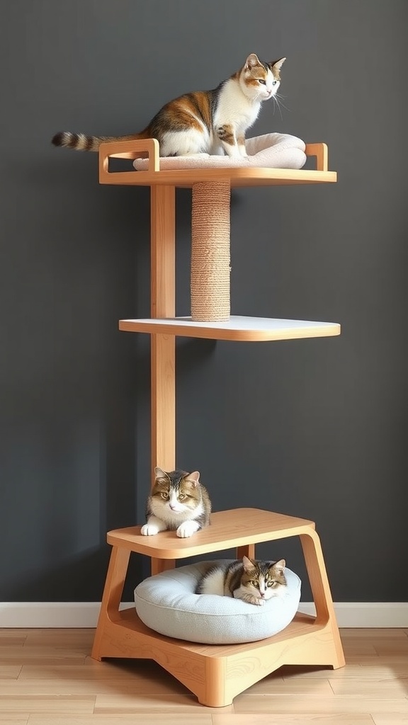 A bamboo cat condo in a bright, minimalistic room with plants and natural light.