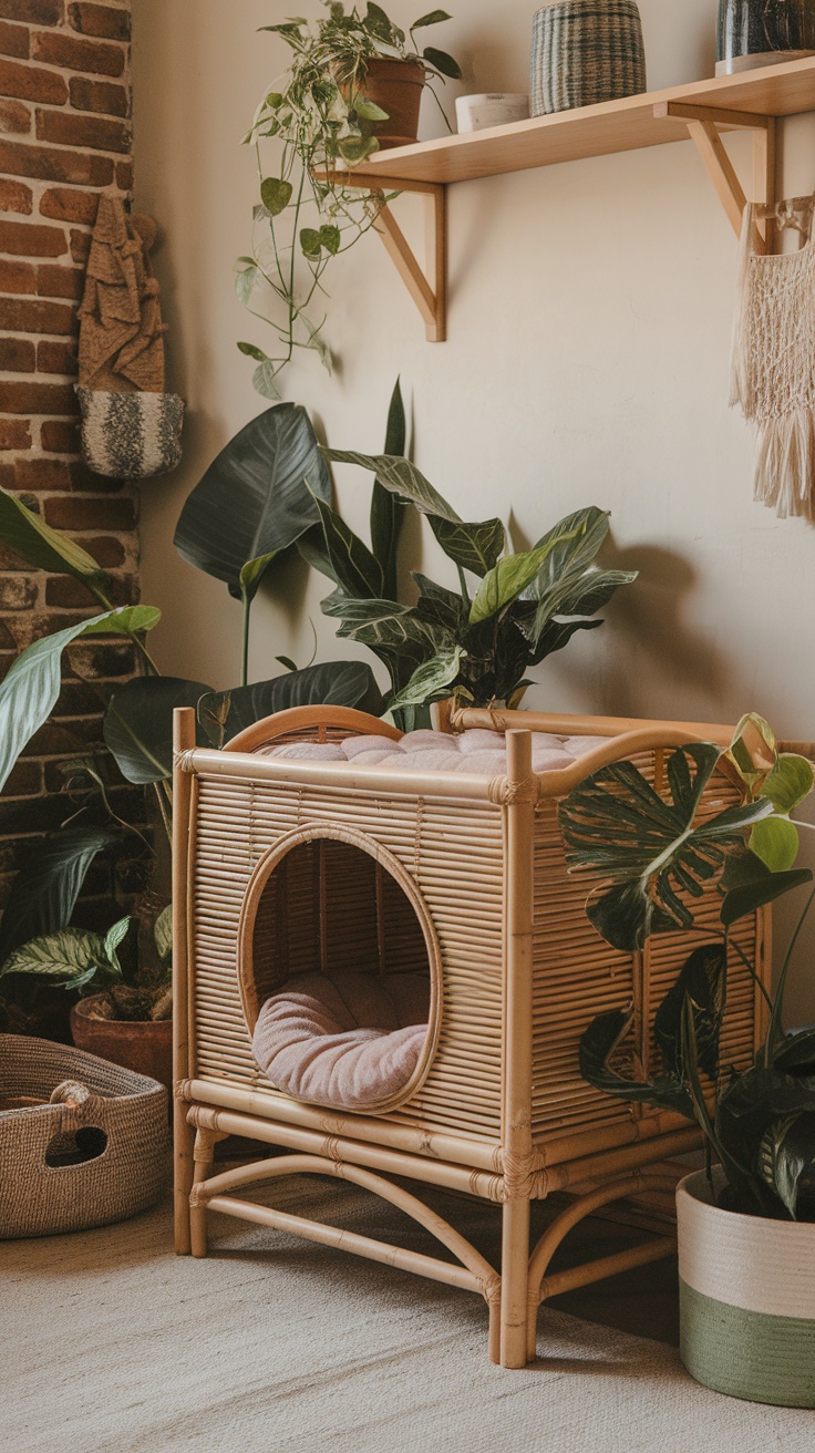 A bamboo cat lounge with cushions next to indoor plants in a bohemian living room.