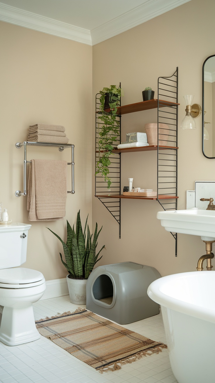 A chic bathroom with a concealed cat litter box, showcasing stylish decor and a cozy atmosphere.