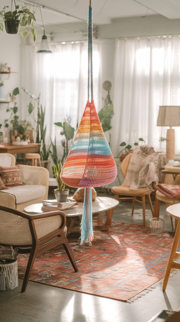 A colorful crochet cat swing hanging in a bohemian living room, with a cat sitting nearby.