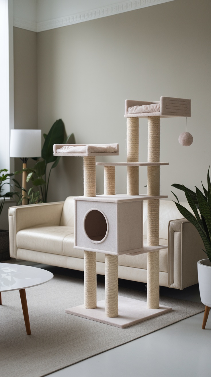 A contemporary cat tree with sisal-wrapped posts, featuring multiple platforms and a cozy hideaway, displayed in a stylish living room.