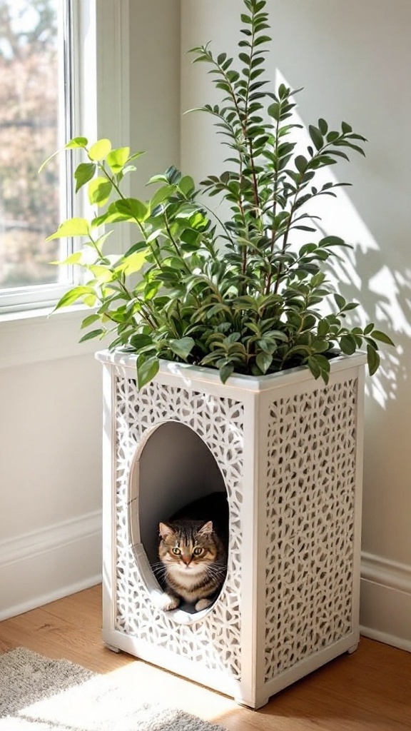 A decorative planter box with plants inside, designed to hide a cat litter box.