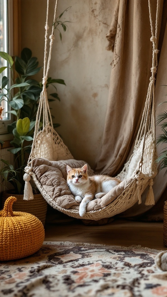 A cozy earthy toned hammock bed in a bohemian living room with a cat lounging inside.