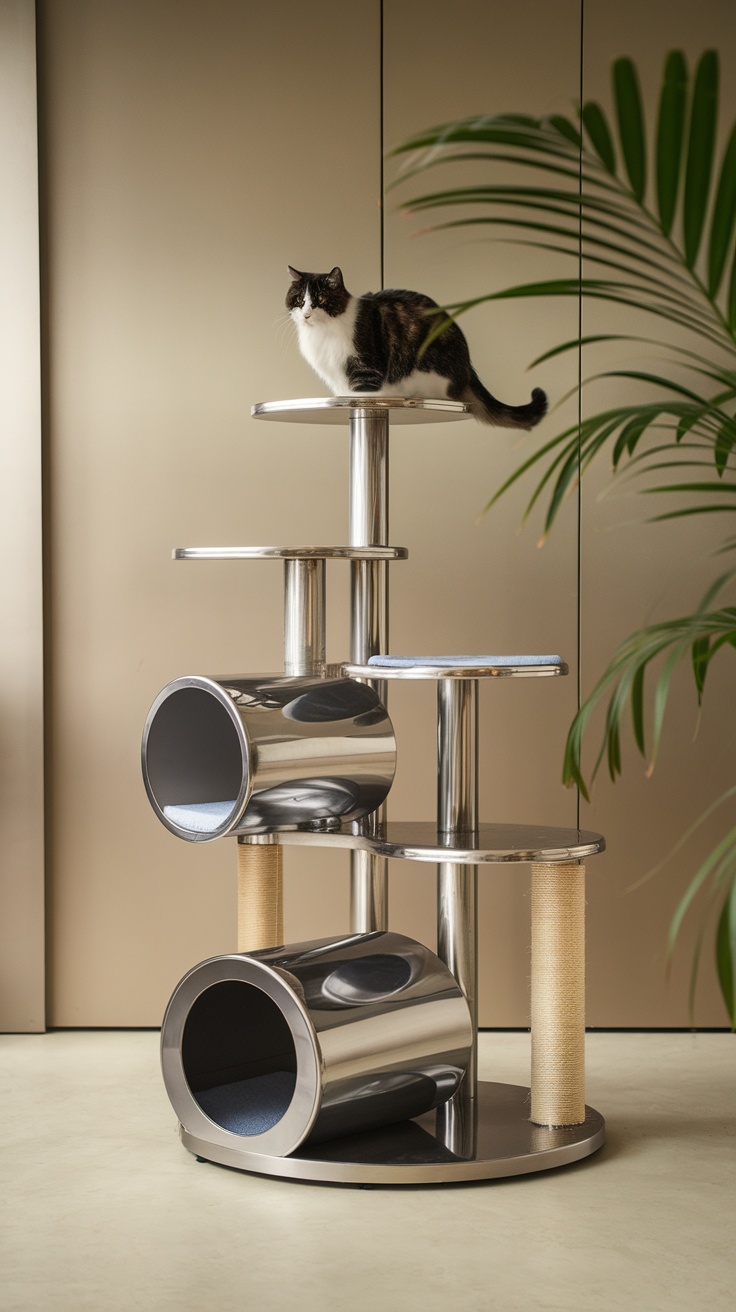 A stylish multi-level cat tower with a gray cat on it, featuring modern design elements.