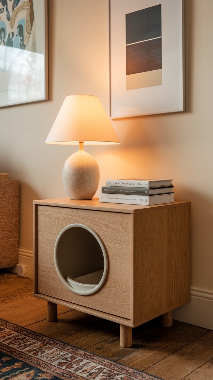 A stylish wooden side table with a litter box opening, topped with a lamp and books