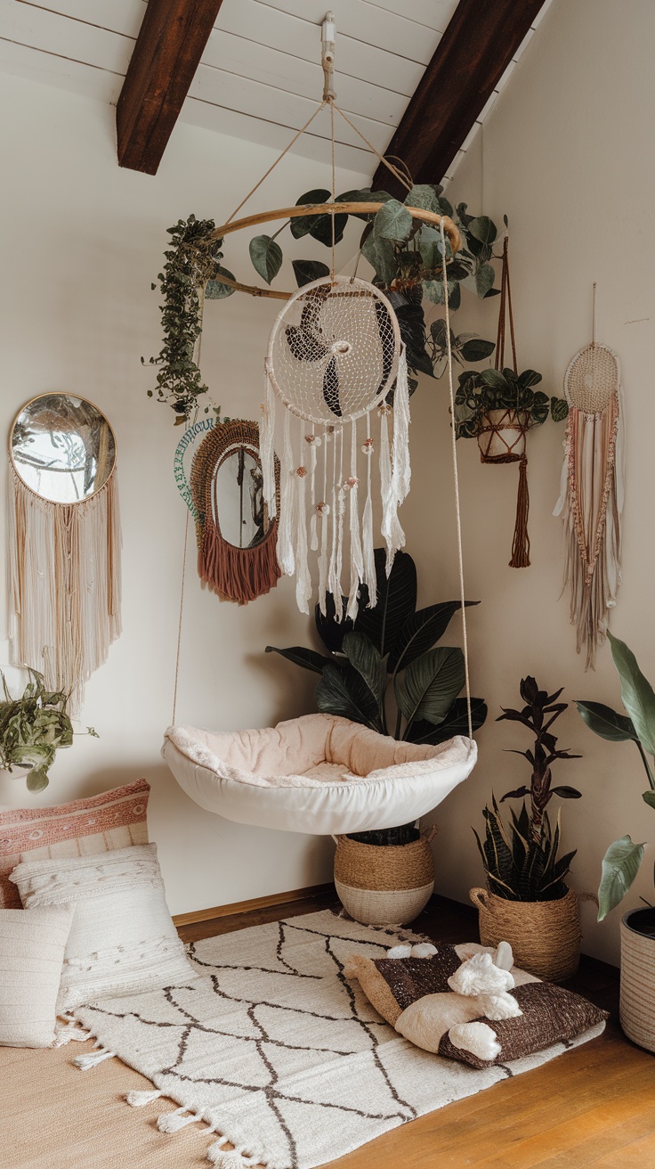 A floating cat bed adorned with dreamcatchers, surrounded by plants and cozy decor.