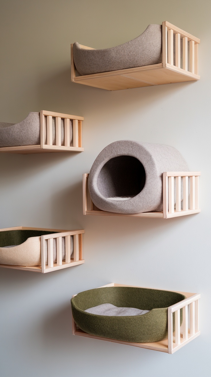 A cat sitting on a stylish floating shelf by the window in a minimalist room