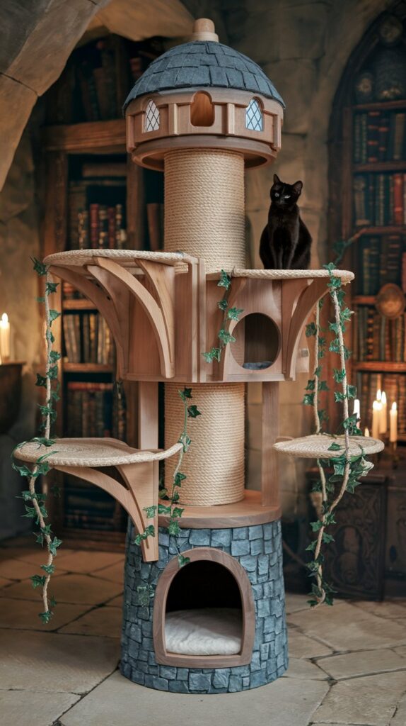 fortress cat tower, framed by warm candlelight and rustic stone walls.