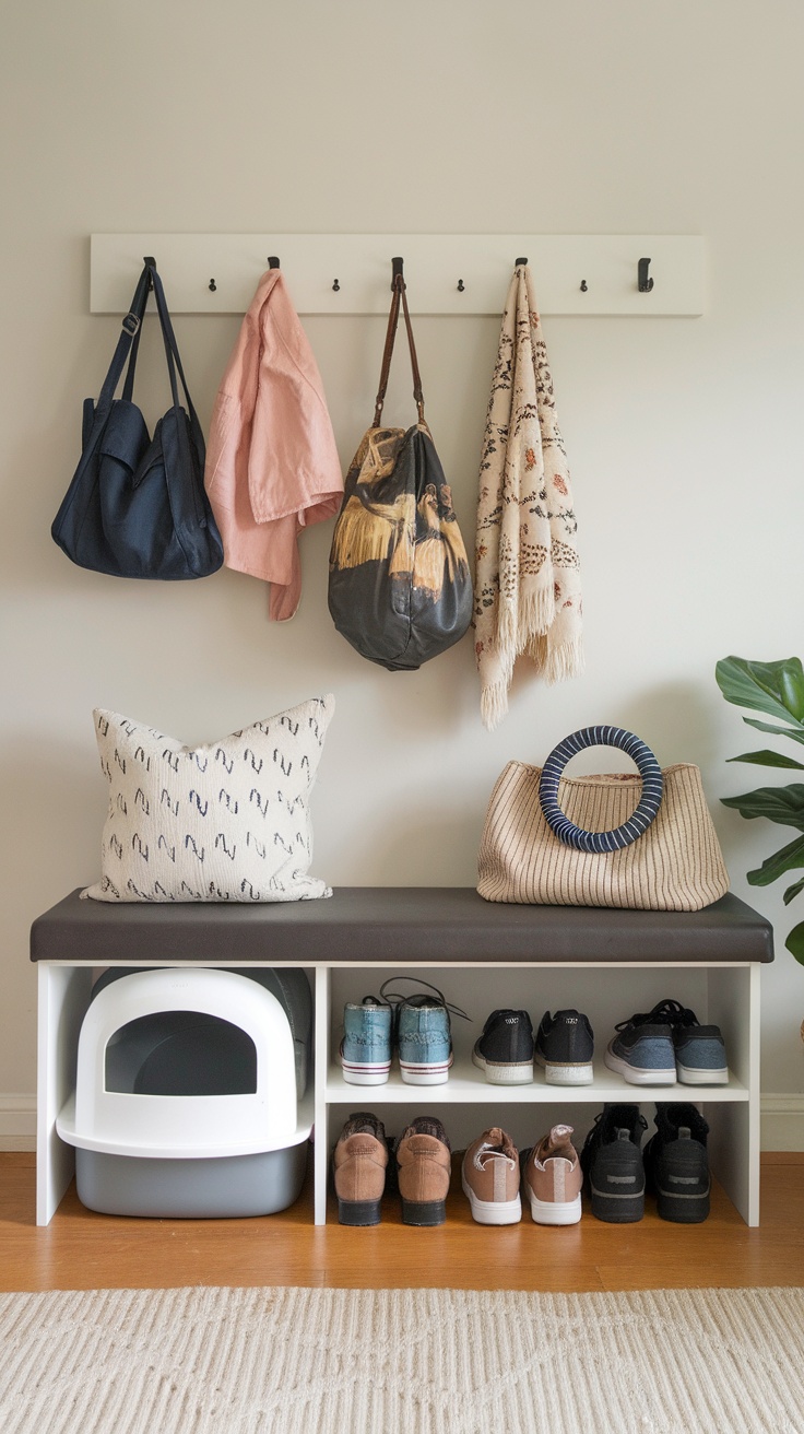 A stylish bench with storage that hides a cat litter box, with bags and shoes organized around it.