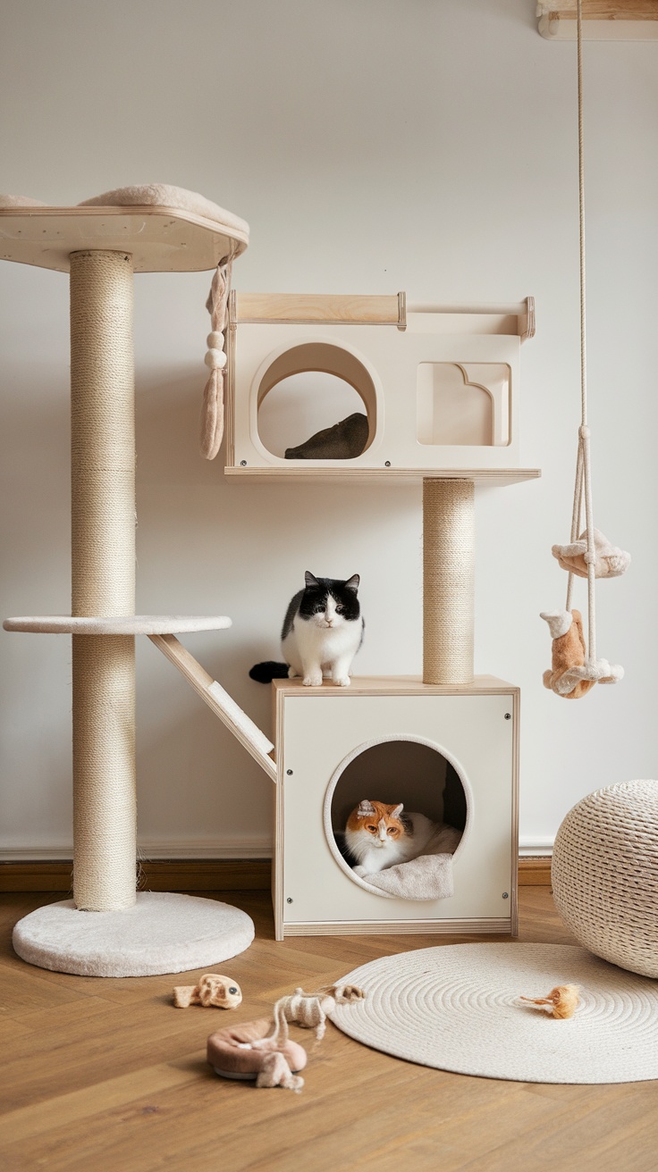 A modern cat tree with a hammock, scratching posts, and a cozy hideaway, featuring a fluffy cat on top.