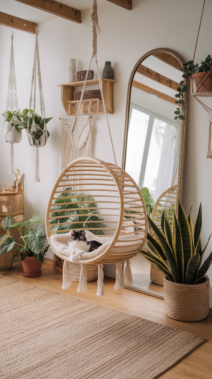 A cat sitting in a rattan hammock chair surrounded by bohemian decor and plants.