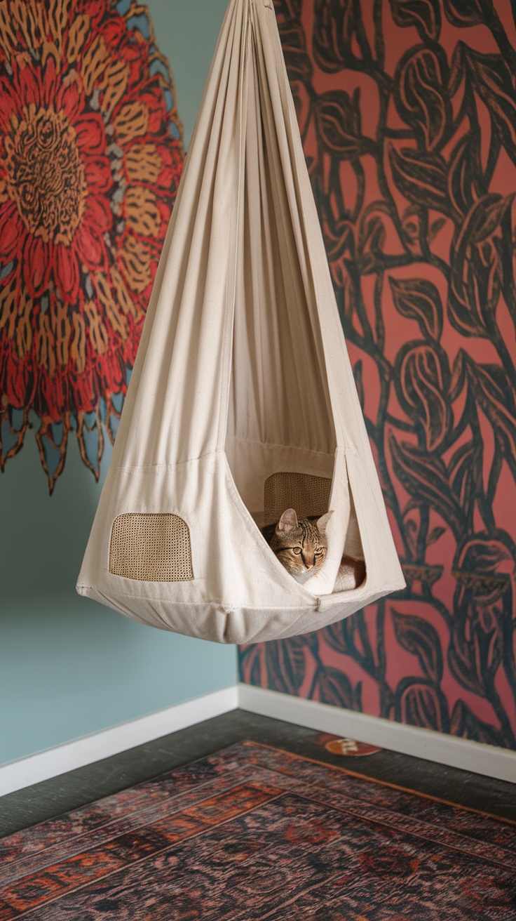 A cat lounging in a hanging canvas cat nest in a bohemian-style living room.