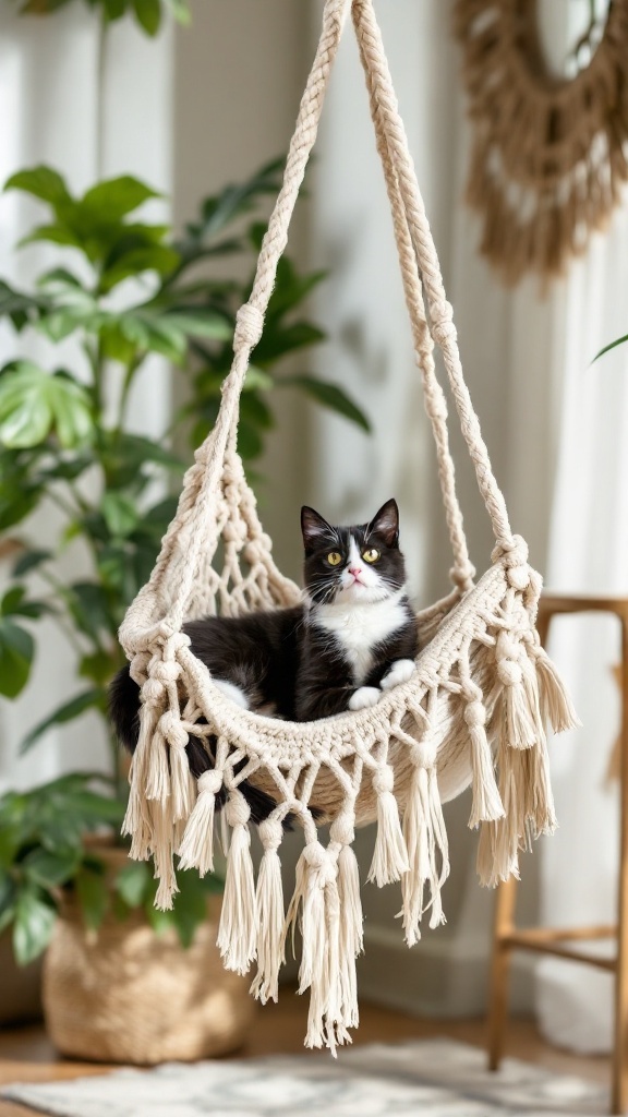 A cat lounging in a hemp rope hammock in a bohemian-style living room