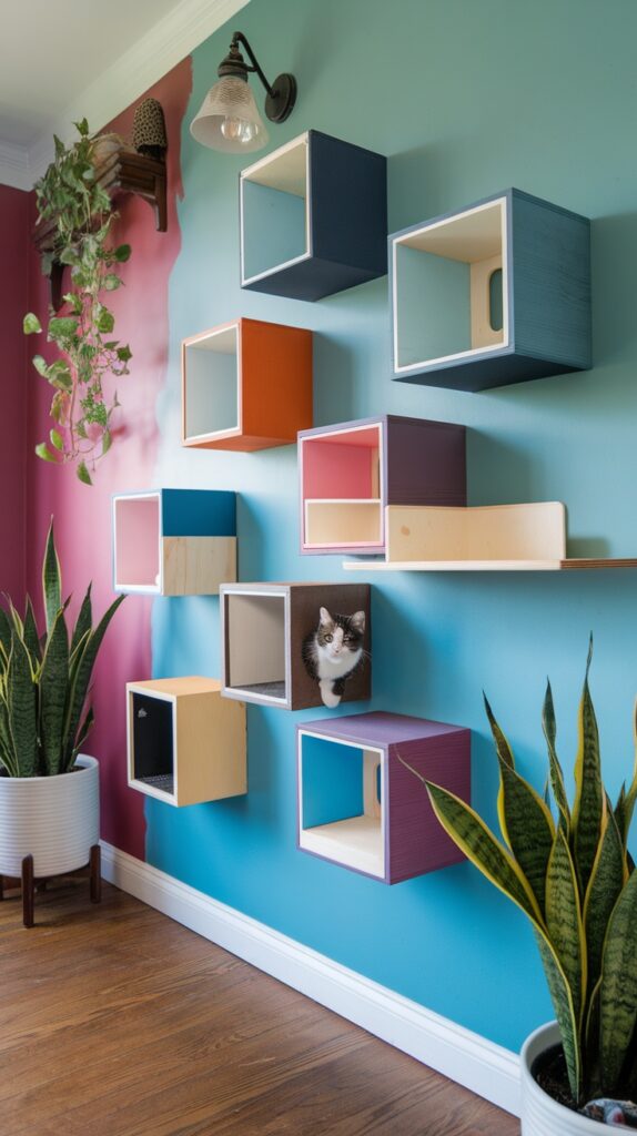 image of an interactive wall shelf for cats as one of the essential cat furniture pieces