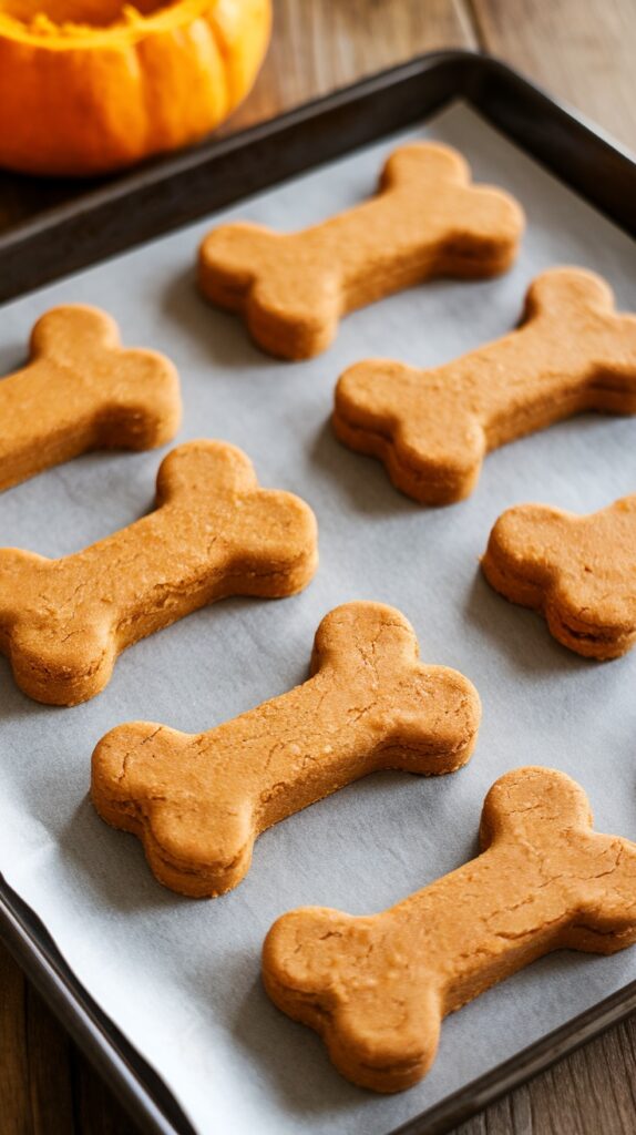 Homemade dog treats shaped like bones on a baking tray.