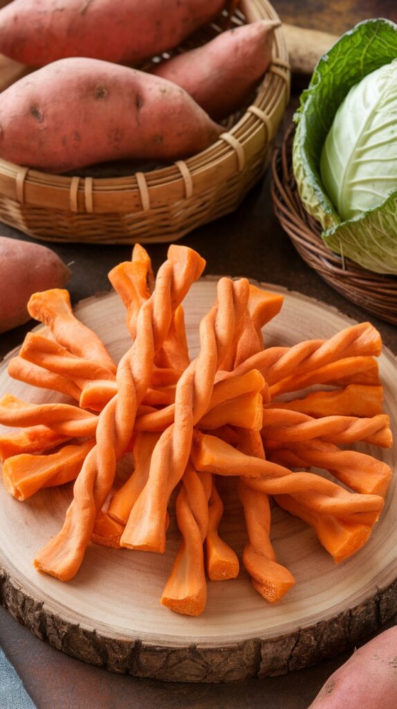 Homemade sweet potato dog chews arranged on a wooden platter