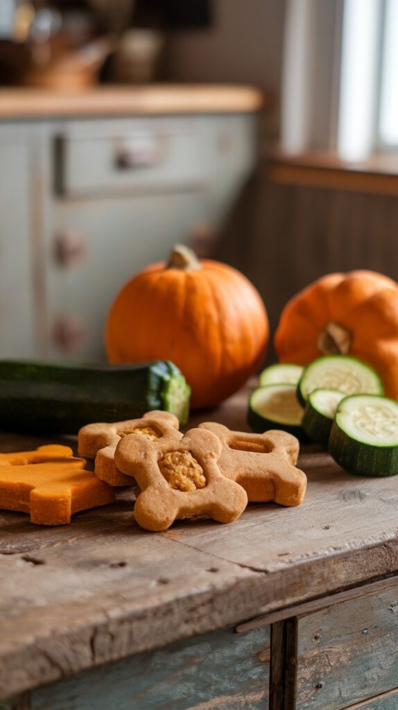 Pumpkin and zucchini biscuits for dogs on a rustic wooden table.