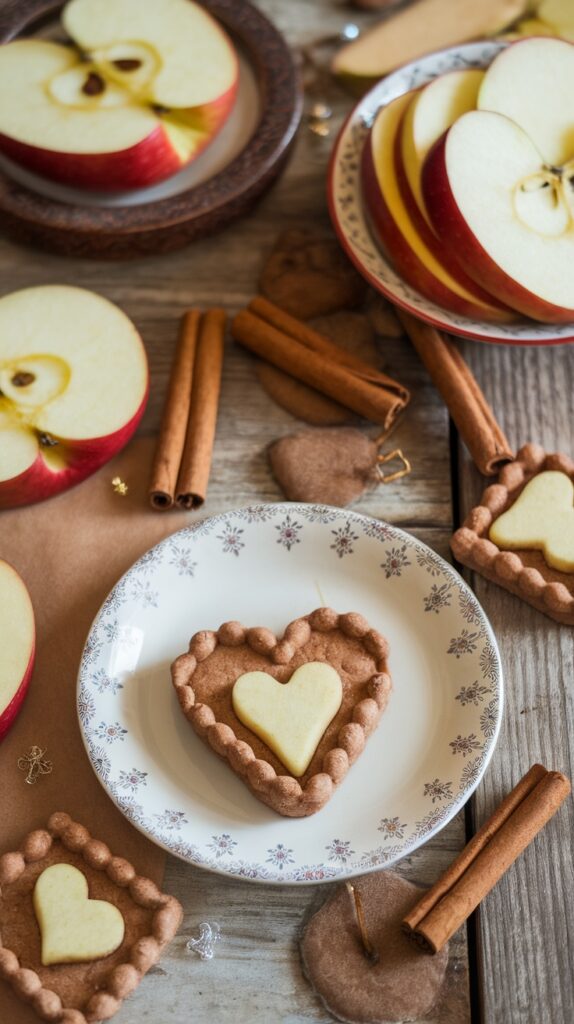 A plate of heart-shaped dog treats made with apples and cinnamon, surrounded by apple slices and cinnamon sticks.