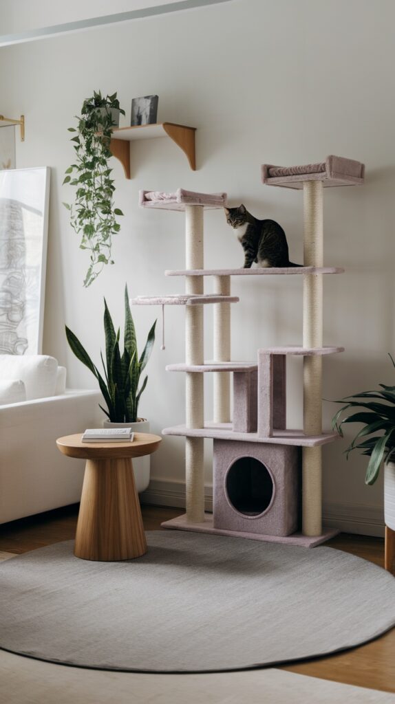 A stylish cat tree in a modern living room with a cat on top, surrounded by plants and contemporary furniture.