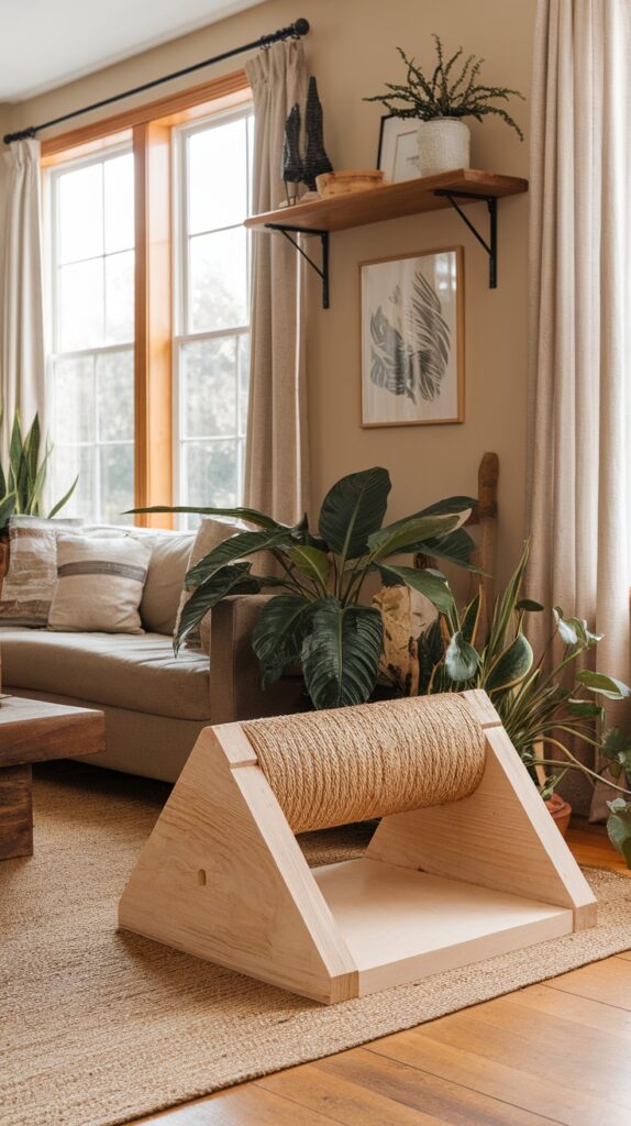 Stylish wooden scratching post in a cozy living room with plants and soft furnishings.