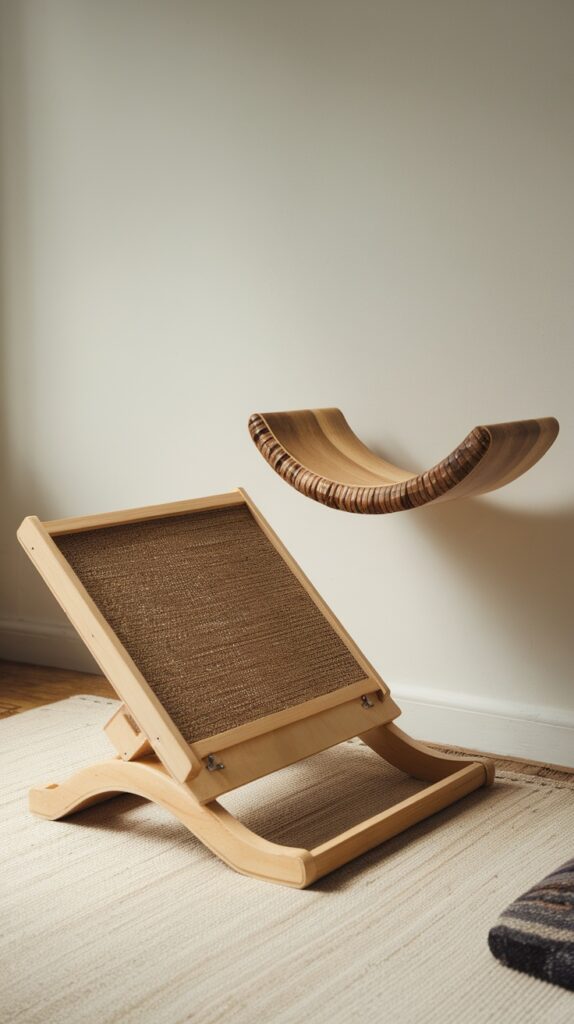 A compact cat furniture setup with a wall-mounted hammock and an angled scratching post on a light-colored rug.