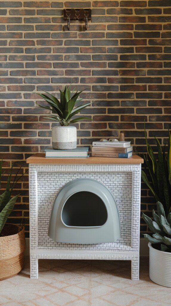 Stylish litter box designed to resemble furniture, featuring a wooden top with books and a plant, set against a brick wall.