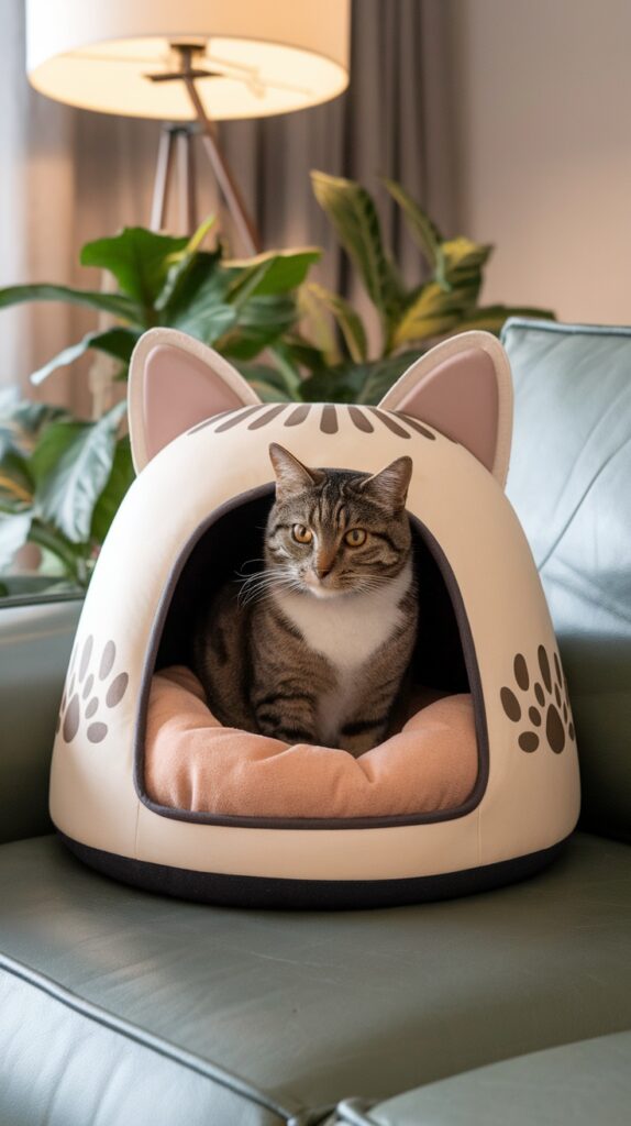 A stylish cat bed shaped like a cat's head with a cat sitting inside, set in a cozy living room.