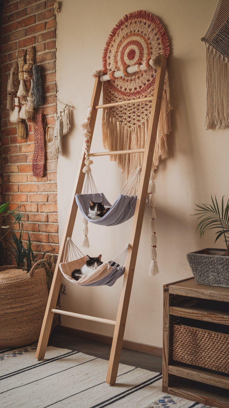 A ladder-style cat hammock featuring two hammock beds with cats lounging, set against a bohemian living room backdrop.