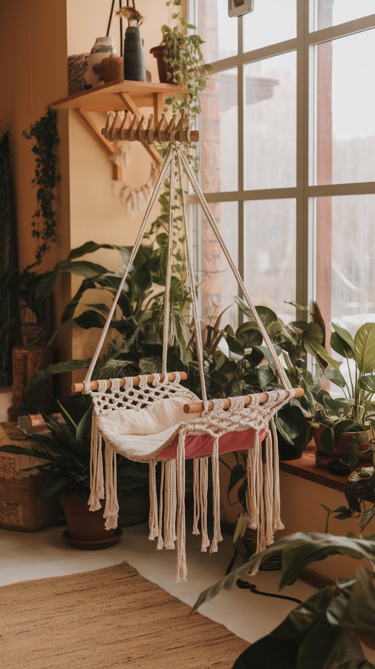 A macrame cat hammock with a wooden frame hanging in a bohemian living room surrounded by plants and colorful decor.