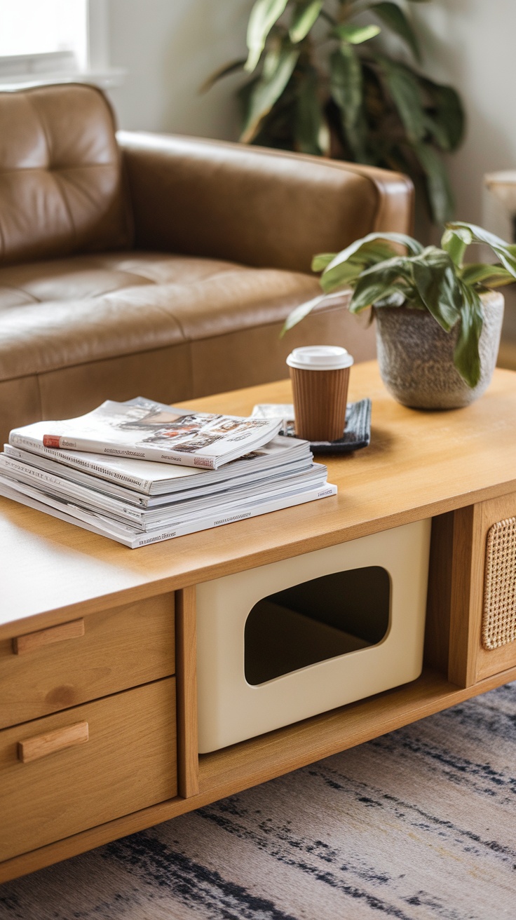 Stylish multi-functional coffee table with hidden cat litter box, magazines, and coffee cup.