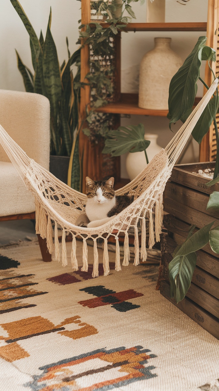 A cat lounging in a natural fiber hammock in a bohemian living room with plants and cozy decor.