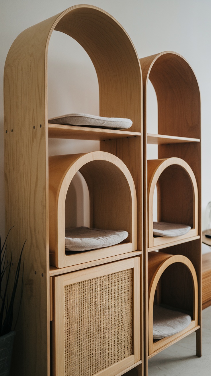 A natural fiber cat hammock hanging in a bright room with two cats lounging inside.