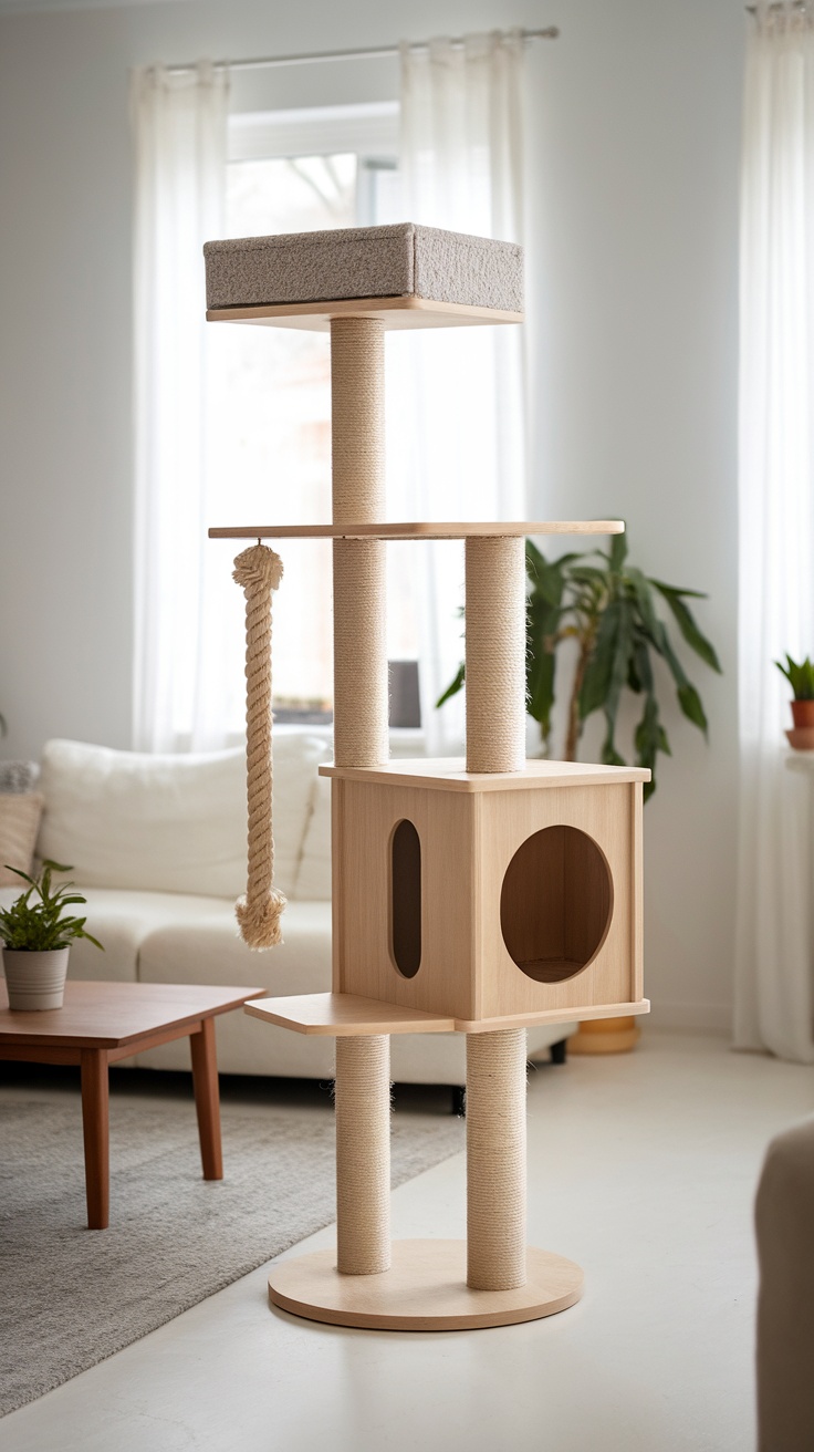 A stylish Nordic Pine cat tree featuring a plush top, multiple levels, and a cozy hideaway.