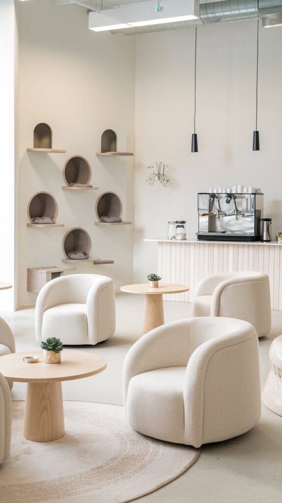 scandinavian cat café with white walls and oak floors.