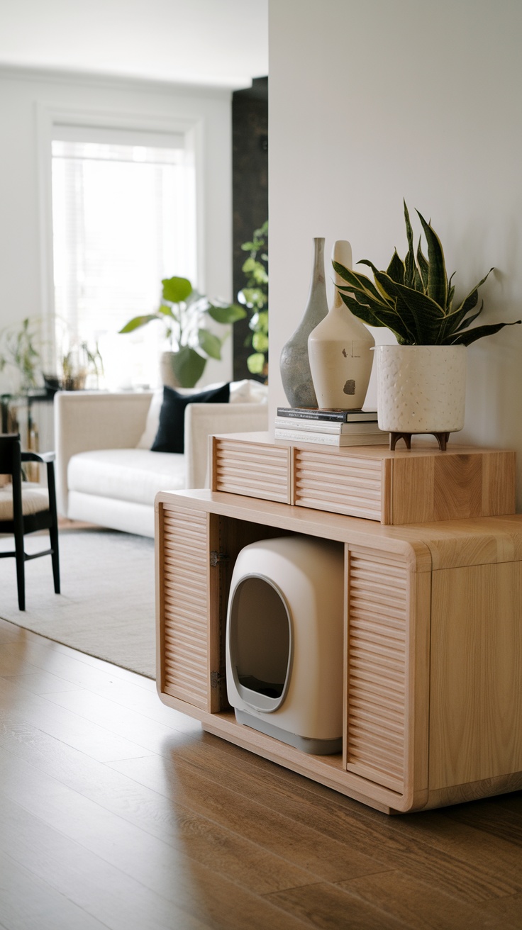 Stylish wooden cabinet concealing a cat litter box, decorated with vases and a plant on top.