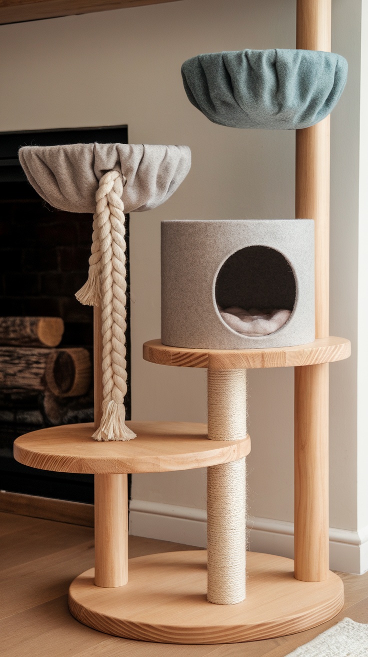 Stylish wooden cat ladder leaning against a wall in a modern living room