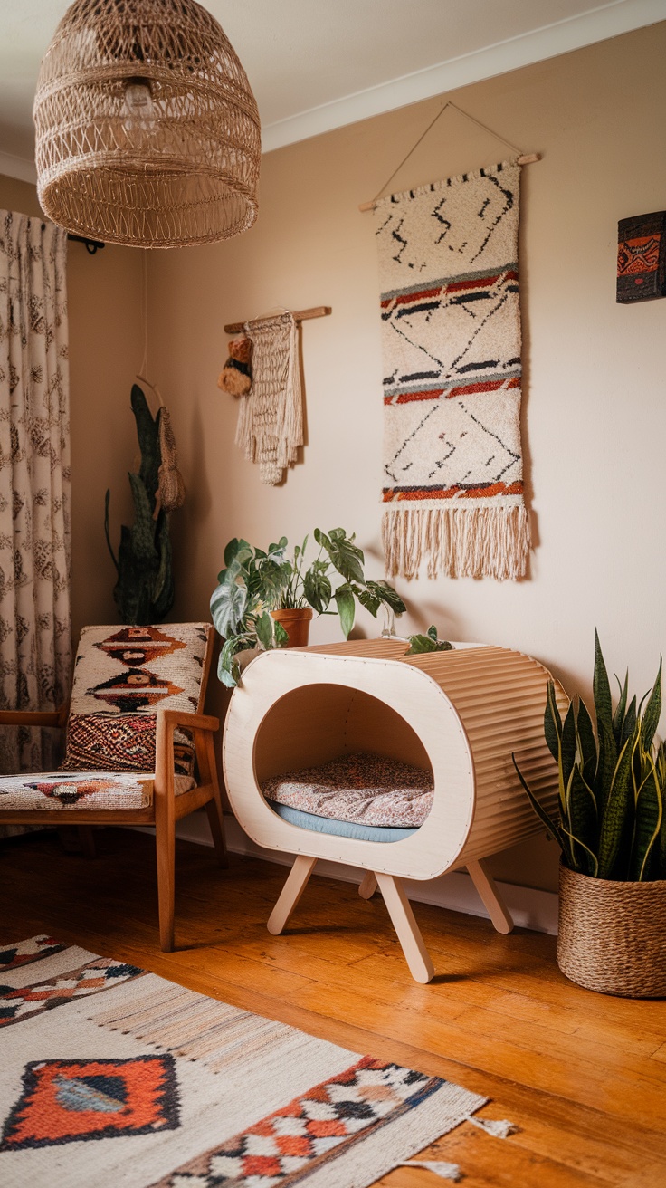 A stylish cat pod with ethnic prints in a bohemian living room.