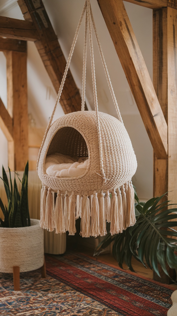 A cozy suspended cat bed with fringe details hanging in a bohemian-style living room listed as one of the bohemian cat hammocks