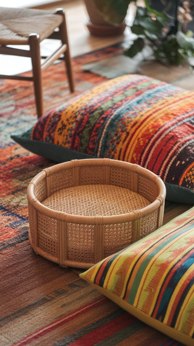 A vintage-inspired woven cat bed surrounded by colorful pillows and a vibrant rug in a bohemian living room.