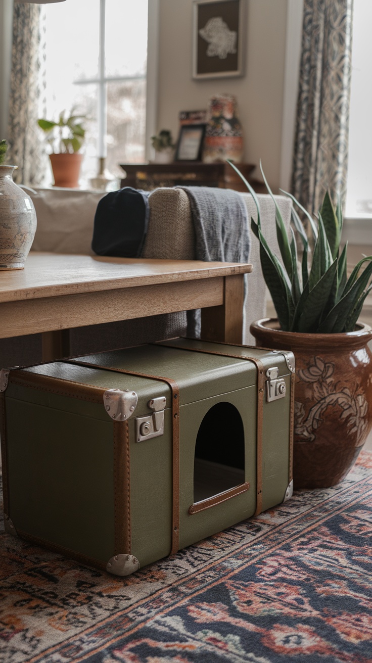 A vintage green suitcase transformed into a cat litter box, placed near a plant and a coffee table, showcasing a stylish home decor.