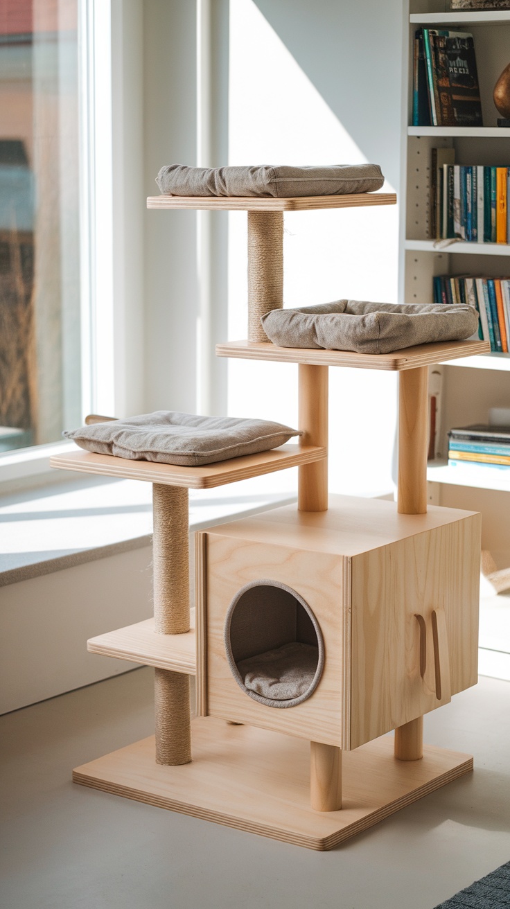 A stylish wall-mounted cat perch in a modern interior setting as one of the Scandinavian Cat Trees