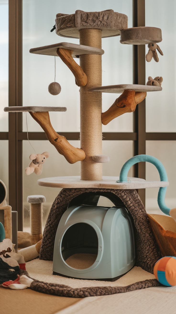 A whimsical cat tree featuring natural wood branches, soft platforms, and a cozy nook underneath.