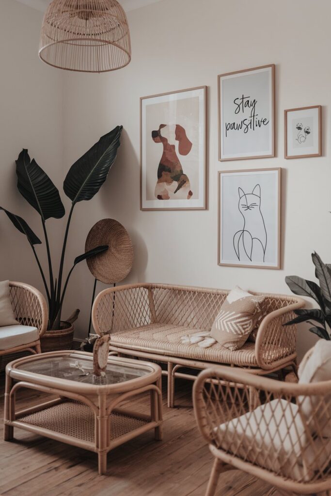 Boho living room with rattan furniture and framed dog and cat wall art in earthy tones; perfect pet wall art idea for cozy home decor.