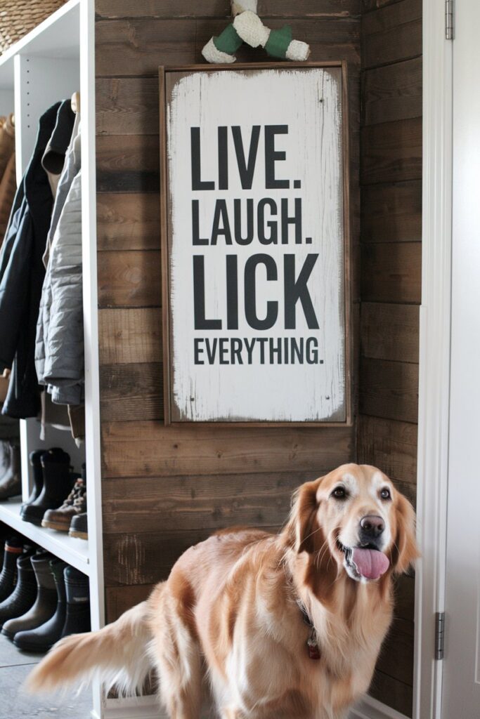 Cheeky dog wall art with cursive lettering and golden retriever licking, ideal for adding a humorous touch to your pet-themed home decor.