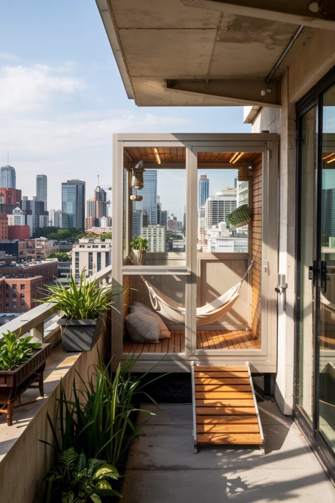 Chic catio attached to a balcony with sleek design, natural teak decking, and vertical scratching posts for cats.