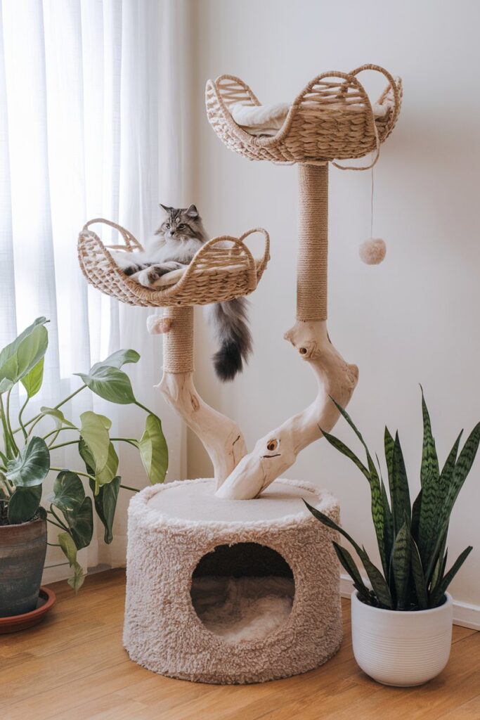 Chic farmhouse cat furniture for stylish interiors; wicker pods, jute scratching posts, cozy shag base.
