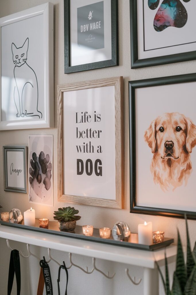 Close-up of a pet gallery wall featuring five printable dog and cat art pieces in mixed frames with a rustic-modern look.
